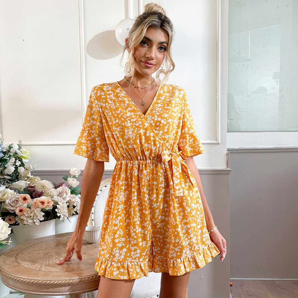 Summer Women Clothing Bell Sleeve V neck Lace up Printed Casual One Piece Women Romper