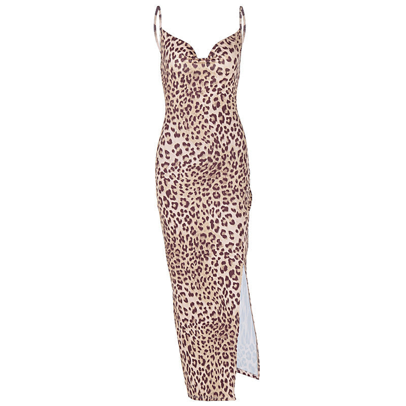 Women Clothing Summer Leopard Print Sling Slim Fit Backless Split Dress