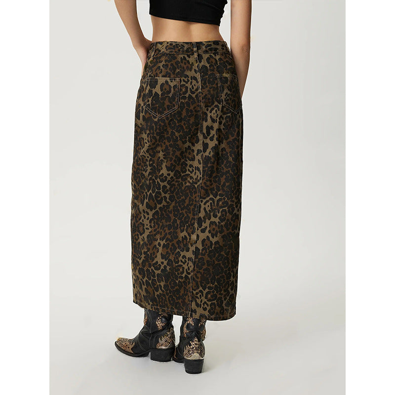 Women Clothing Vintage Leopard Print More Buttons Denim Skirt