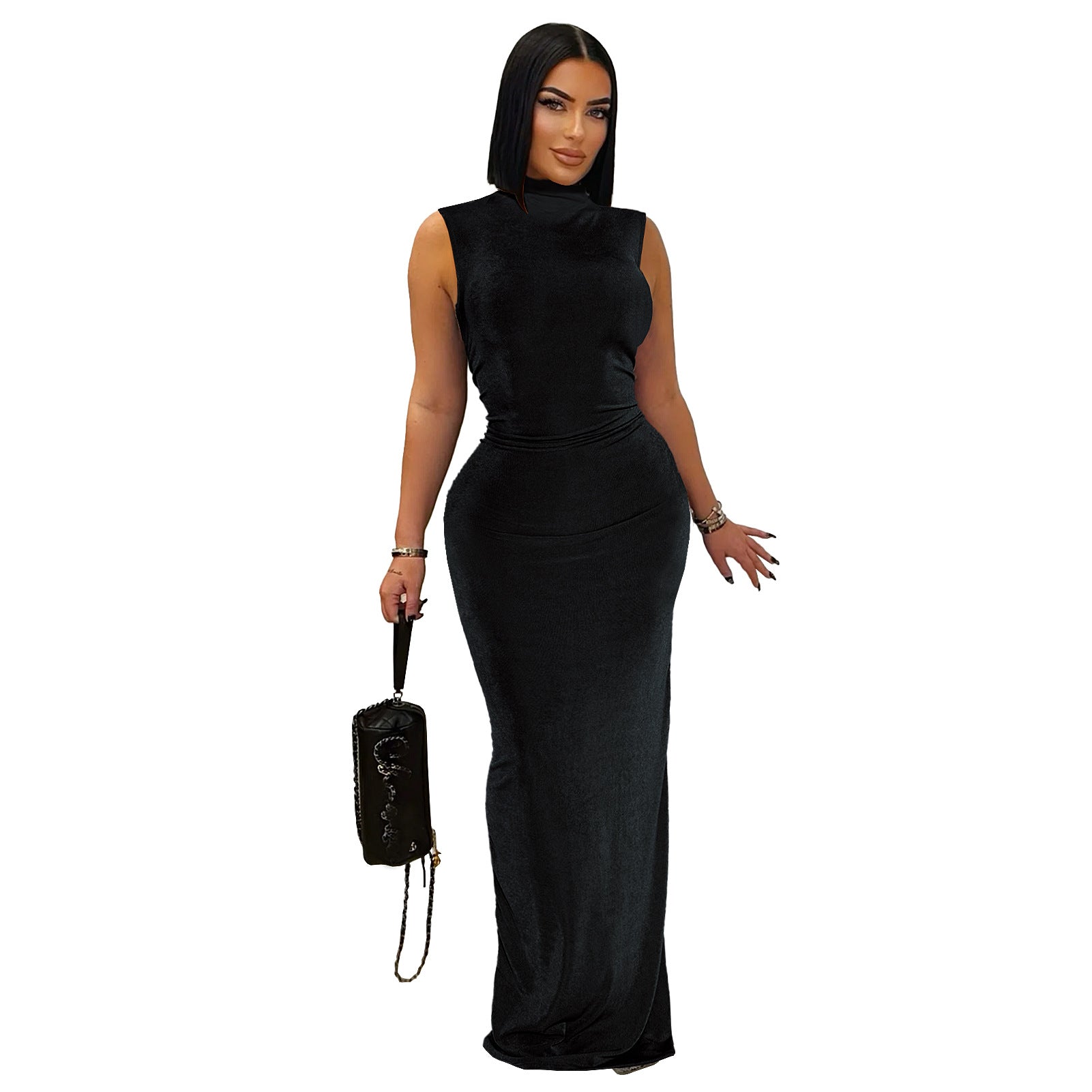 Women Clothing Goods Half Turtleneck Pleated Waist Slimming Sleeveless High Elastic Maxi Dress Black