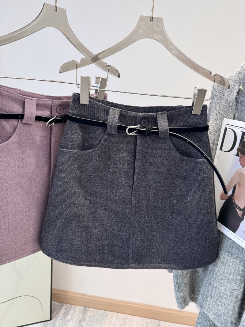 Woolen Skirt Women Autumn Winter High Waist Slimming A line Skirt Belt Short Skirt Dark Grey