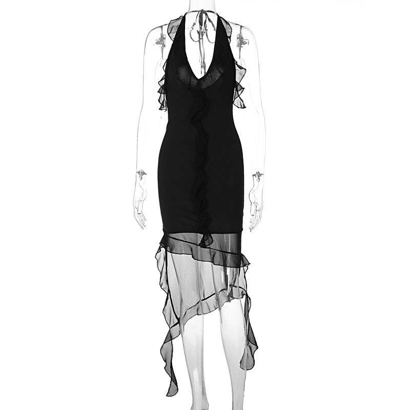 Summer Sexy Short Sleeve See through Irregular Asymmetric Dress Black