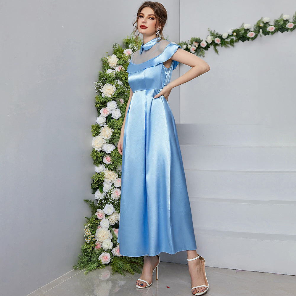 Women Clothing Summer Blue Mesh Maxi Dress High Waist A line Dress