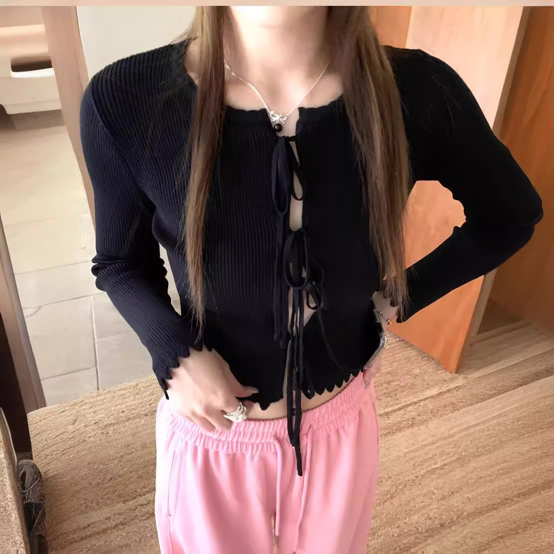 Spring Shirt Women Spring Short Slimming Lace up Knitted Cardigan Top