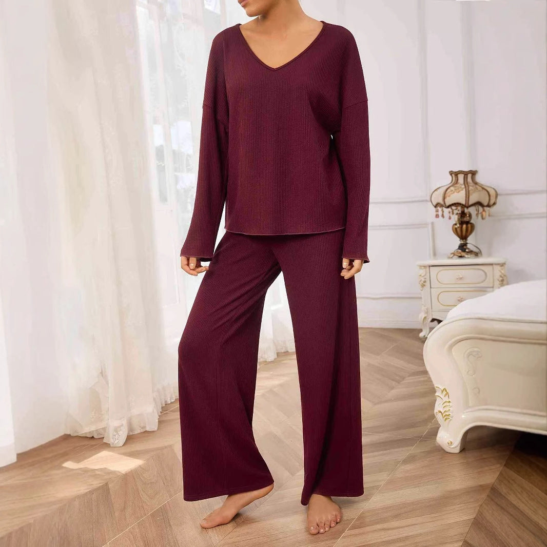 Women Clothing Spring Autumn Women Clothing Long Sleeve Solid Color Casual Thread Knitted Two Piece Burgundy