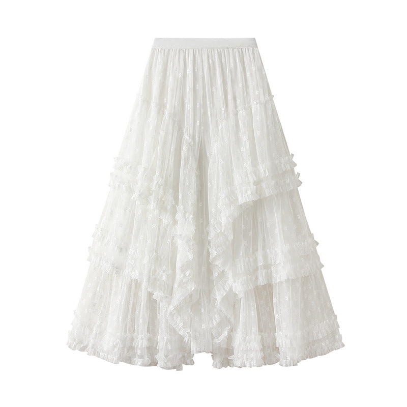 White Refined Handmade Lace Stitching Irregular Asymmetric Mesh Skirt