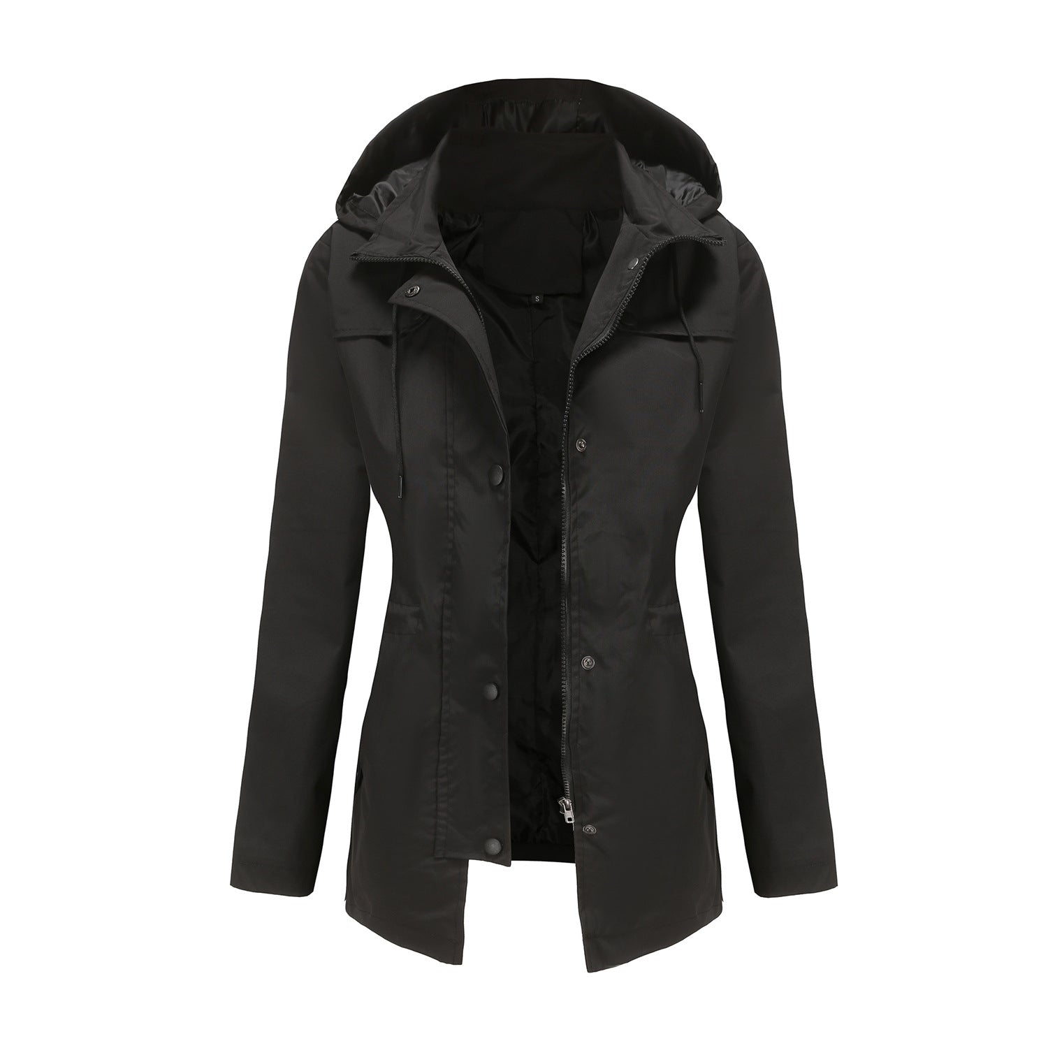 Windbreaker Women Women Mid Length Cardigan Hooded Coat Outdoor Raincoat Black