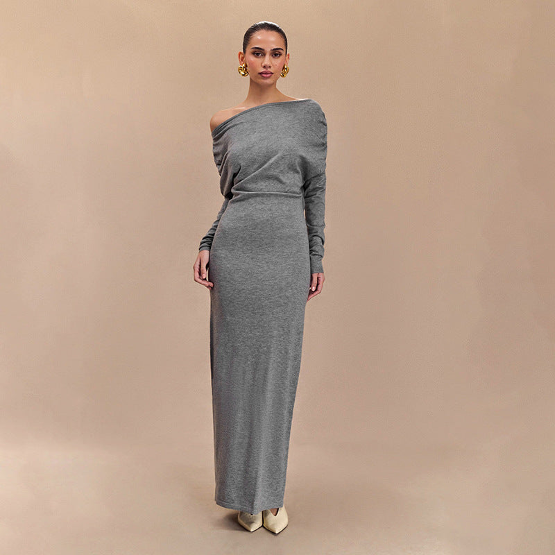 Women Clothing Solid Color Diagonal Collar Drop Shoulder Long Sleeve Waist Tight Maxi Dress