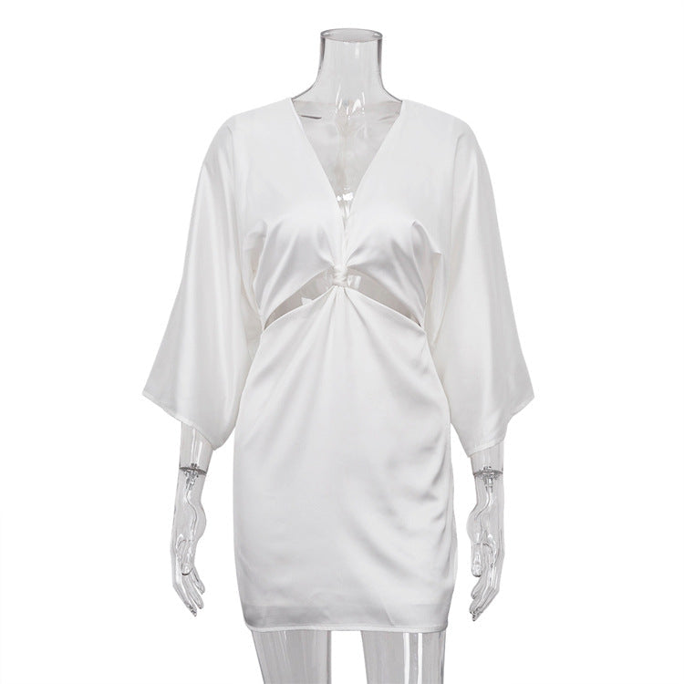 Summer White Satin Deep V neck Hollow Out Cutout Twisted Three Quarter Sleeve Tight Dress White