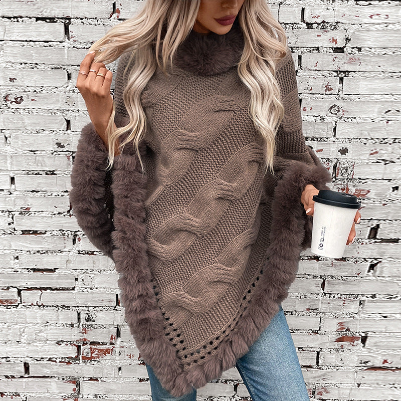 Women Clothing Autumn Winter Imitation Rex Rabbit Fur Collar Thick Cable Knit Pullover Sweater Cloak