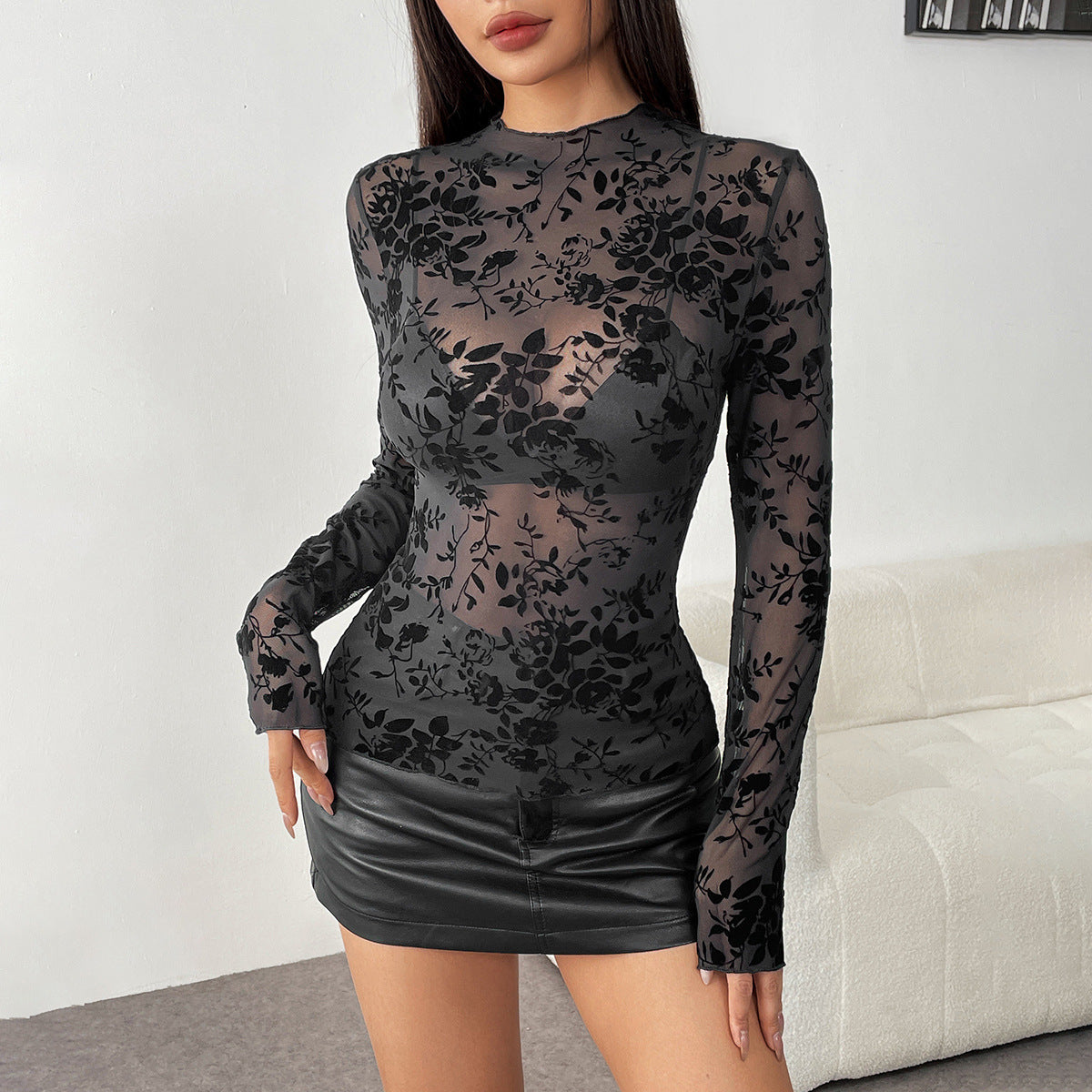 Spring Sexy See through round Collar Gauze Floral Flocking Bottoming Shirt Top Women Black