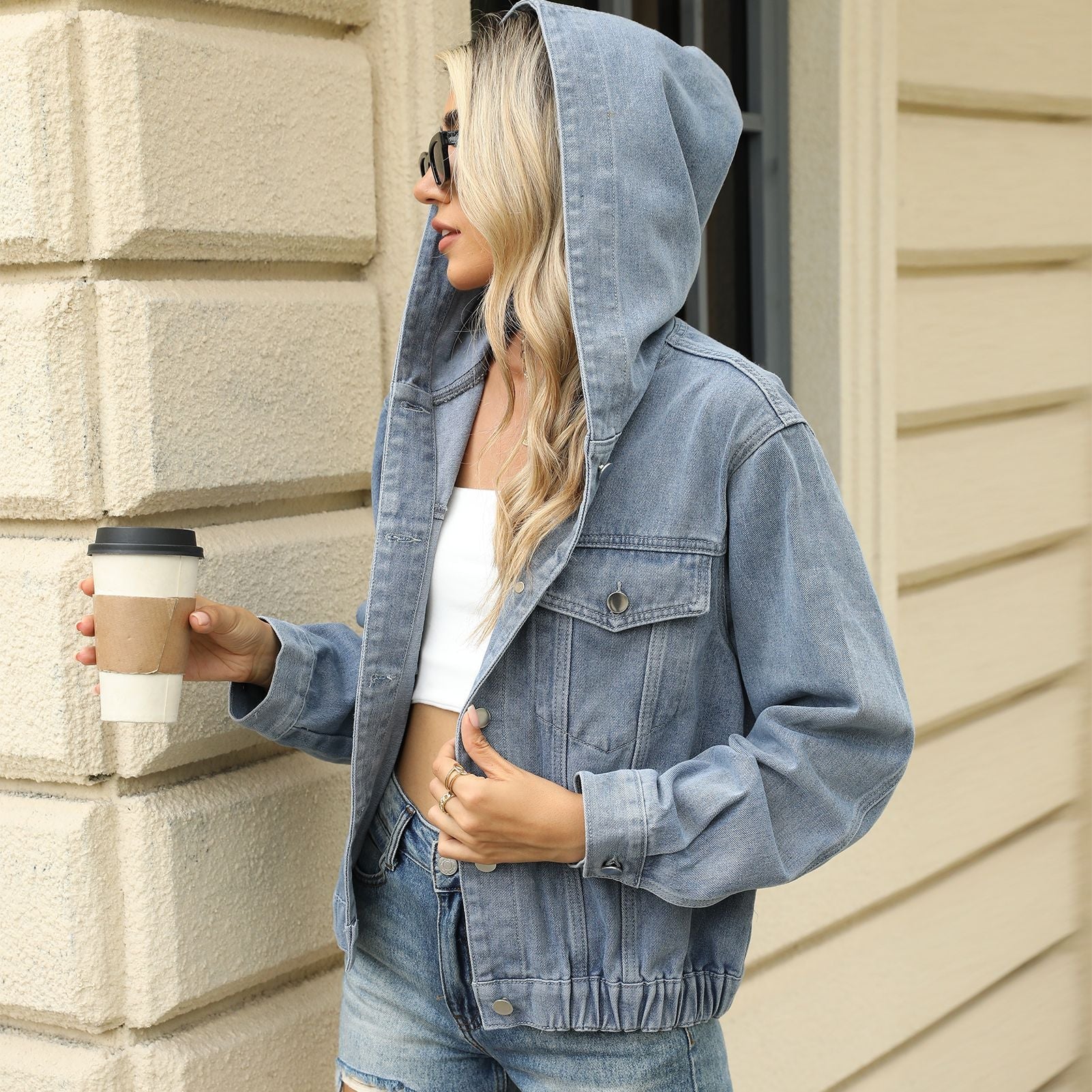 Women Spring Summer Wear Washed Hooded Denim Jacket Coat Top