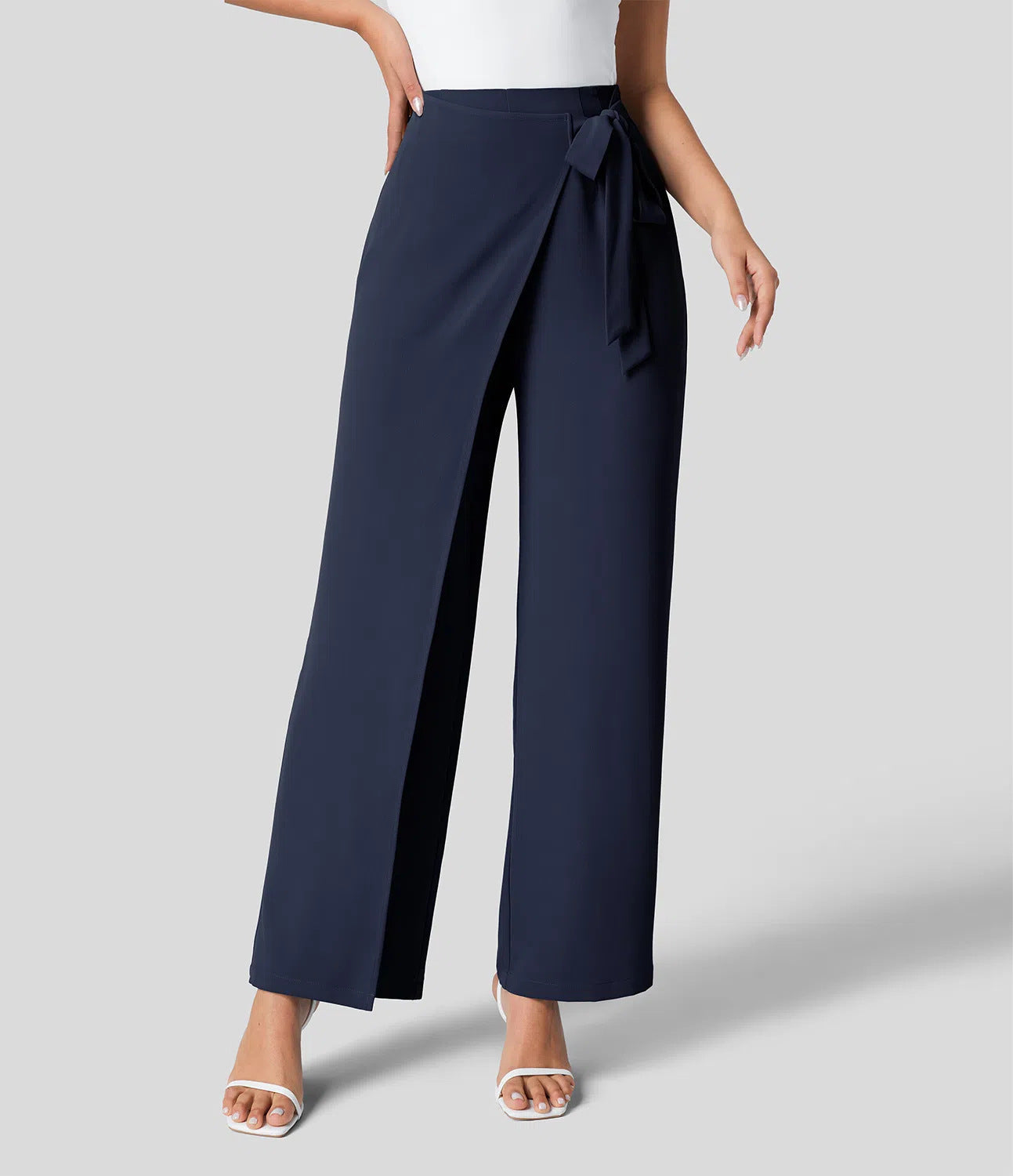 Workwear Women Work Pant Casual Texture Wide Leg Professional Trousers Belt Pants Navy Blue