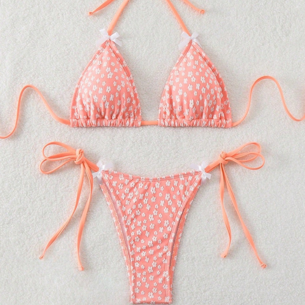 Swimwear Floral Bow Tie Split Bikini Sexy Lace up Bikini Women Swimsuit Peach