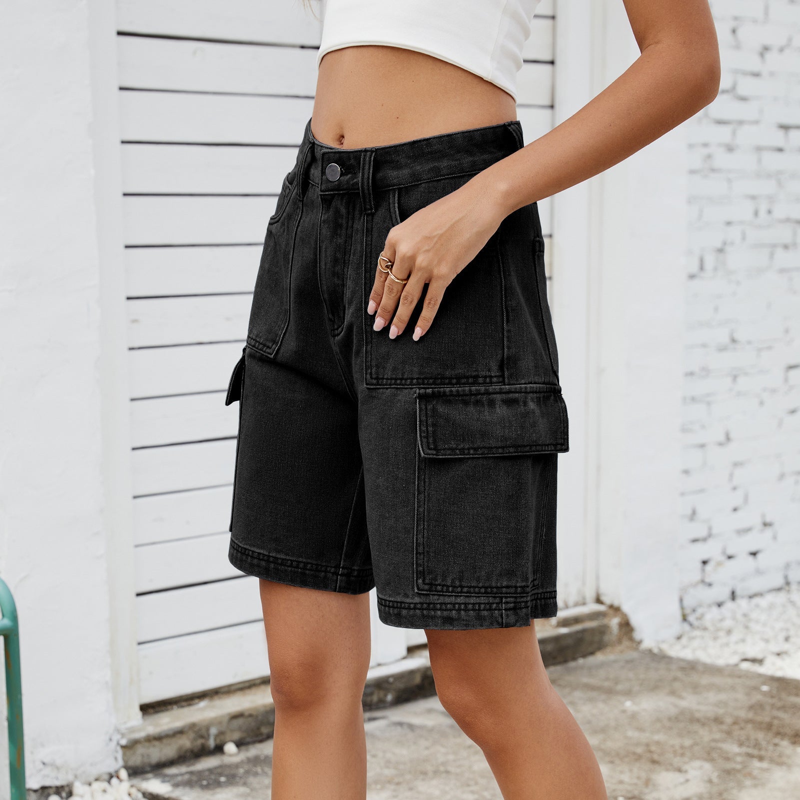 Summer Street Hipster Washed Overalls Denim Shorts Shorts for Women Dark Gray