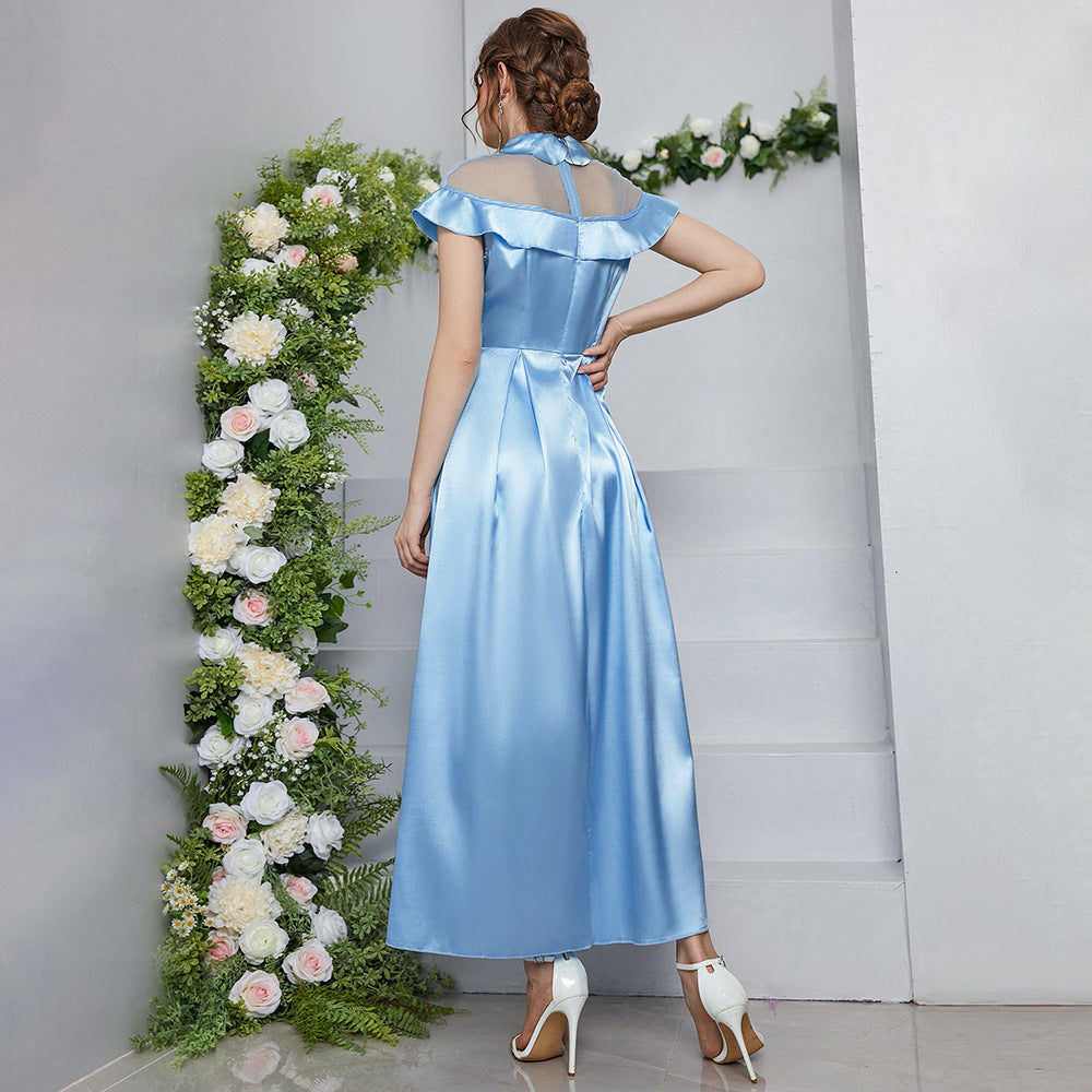 Women Clothing Summer Blue Mesh Maxi Dress High Waist A line Dress