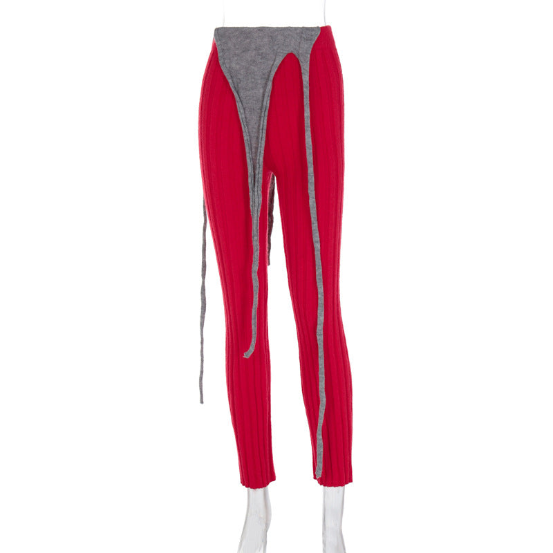 Women Clothing Autumn Winter Personalized Knitted Tight Casual Pants Trousers All Matching Women Red