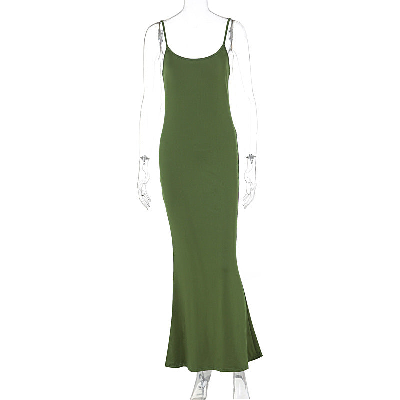 Women Clothing Spring Summer Solid Color Sexy Suspenders Sleeveless Backless Dress Green