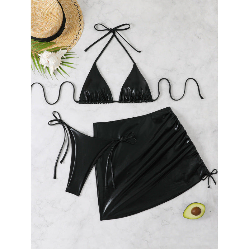 Swimwear Women Bronzing Three Piece Sexy Bikini Solid Color Metal Split Triangle Bag Beach Swimsuit Black