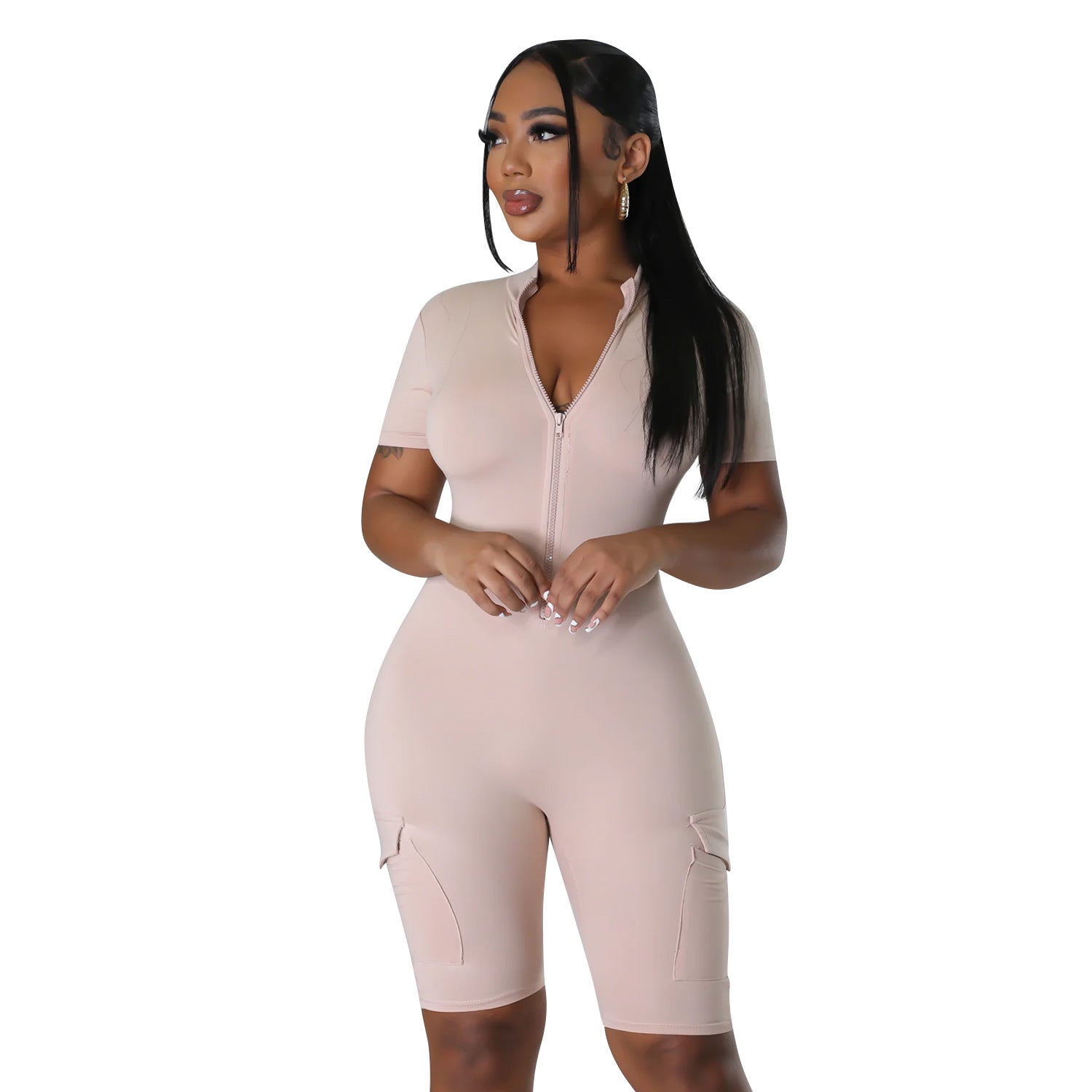 Summer Women Clothing Sexy Tight Short Sleeve Solid Color Jumpsuit for Women Apricot