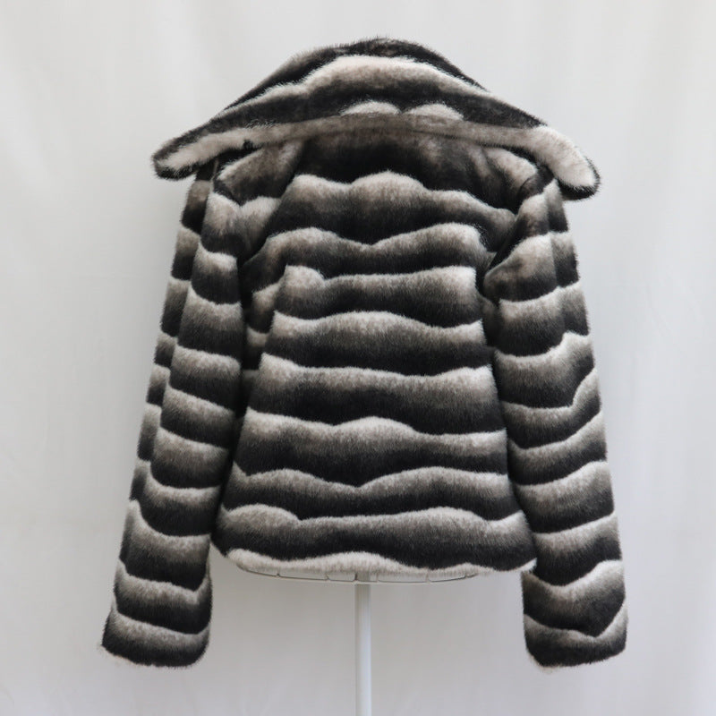 Women Fur Coat Casual Autumn Winter Zebra Pattern Artificial Mink Hair Collared Short Coat Thickened