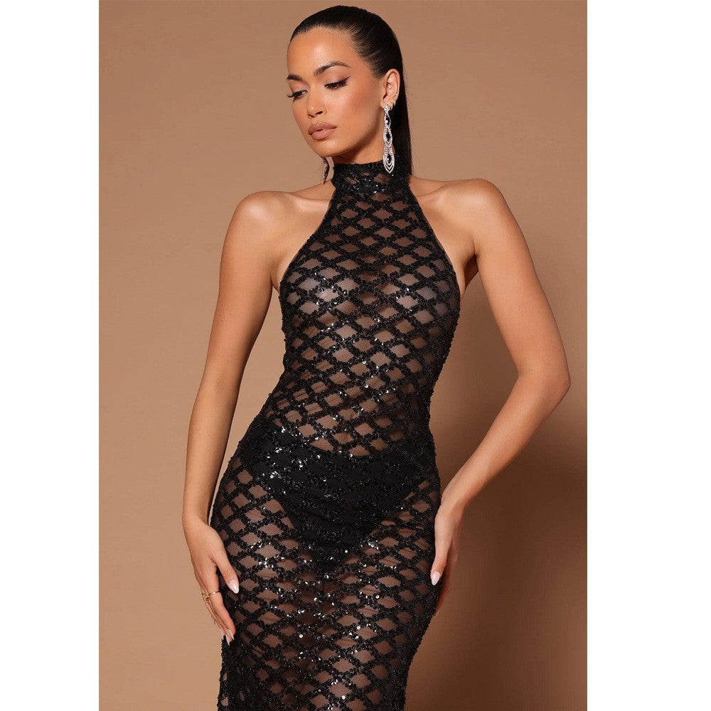 Spring Sexy Backless Nightclub Party Formal Dress Rhinestone Sequined Transparent Dress Black