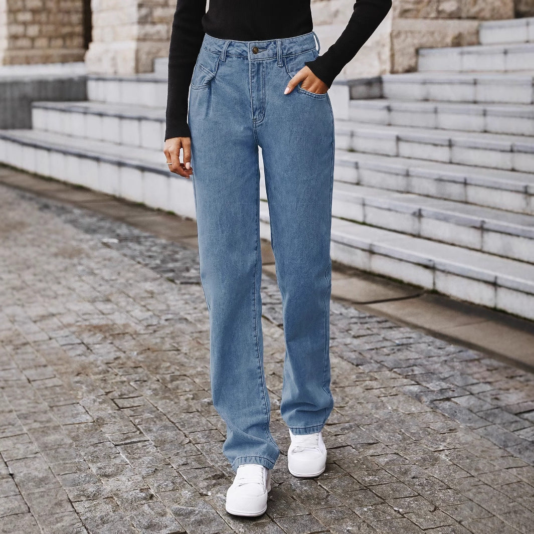 Women Clothing Straight High Waist Slimming Fashionable Jeans Trousers