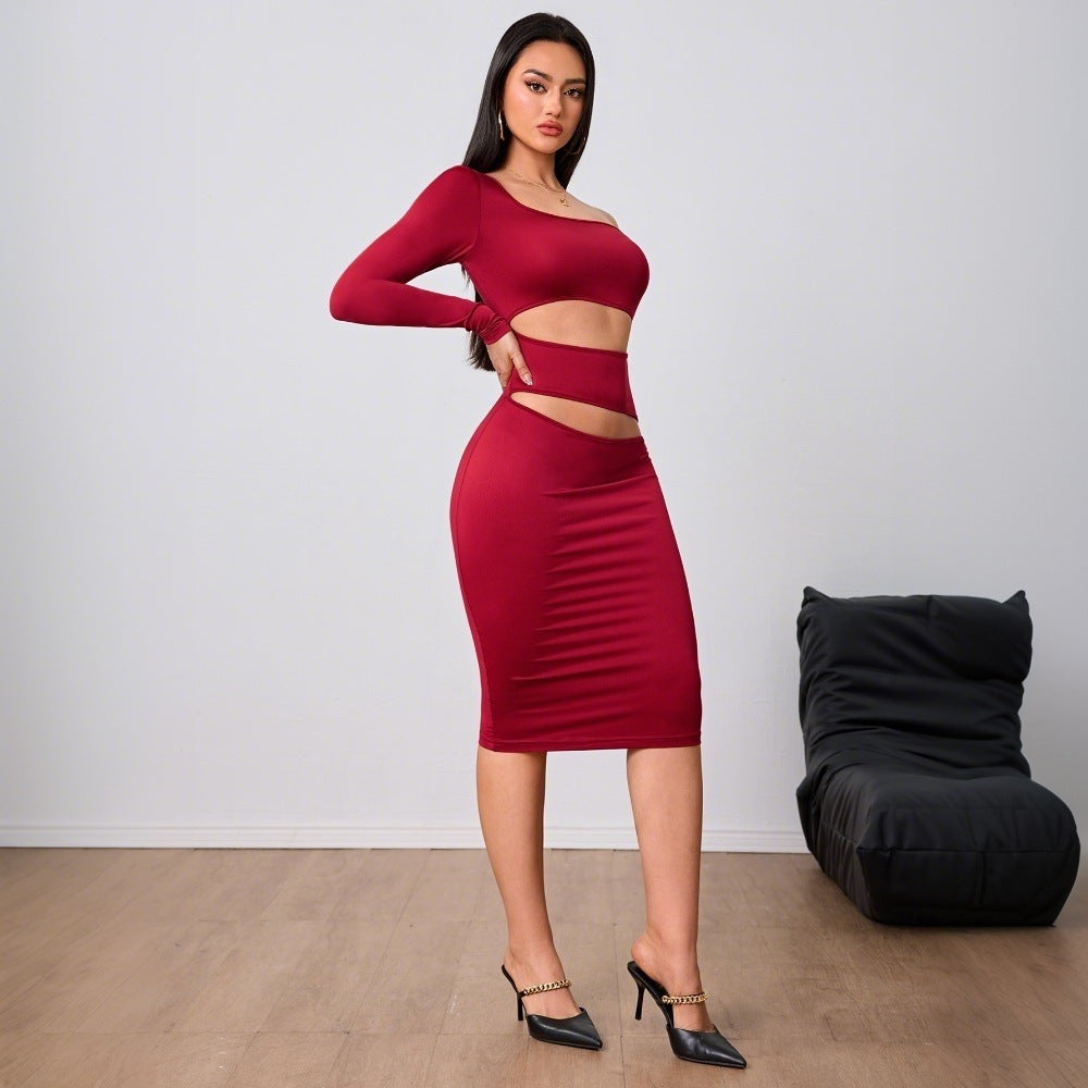 Women Clothing Wine Red Socialite Dress Autumn Winter Single Side Sleeve Midi Dress Burgundy