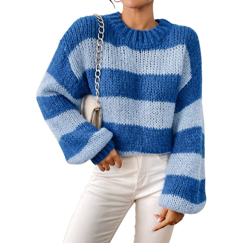 Women Wear Pullover round Neck Long Sleeves Stripes Sweater Top Blue