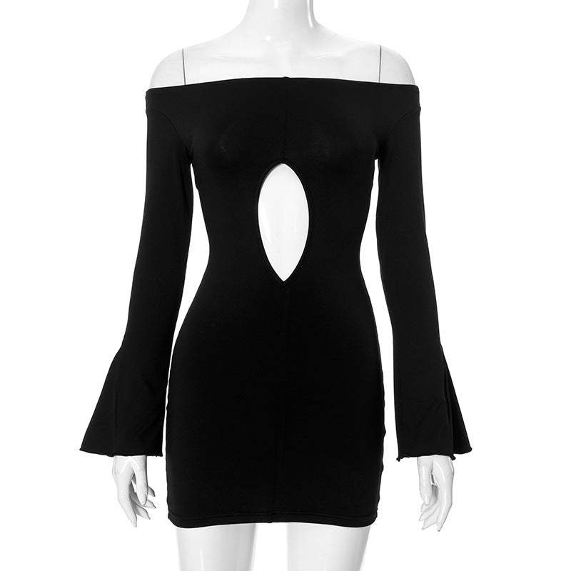 Women Clothing Off Neck Micro Pull Long Sleeve Hollow Out Cutout Out Cropped Hip Wrapped Short Dress Black