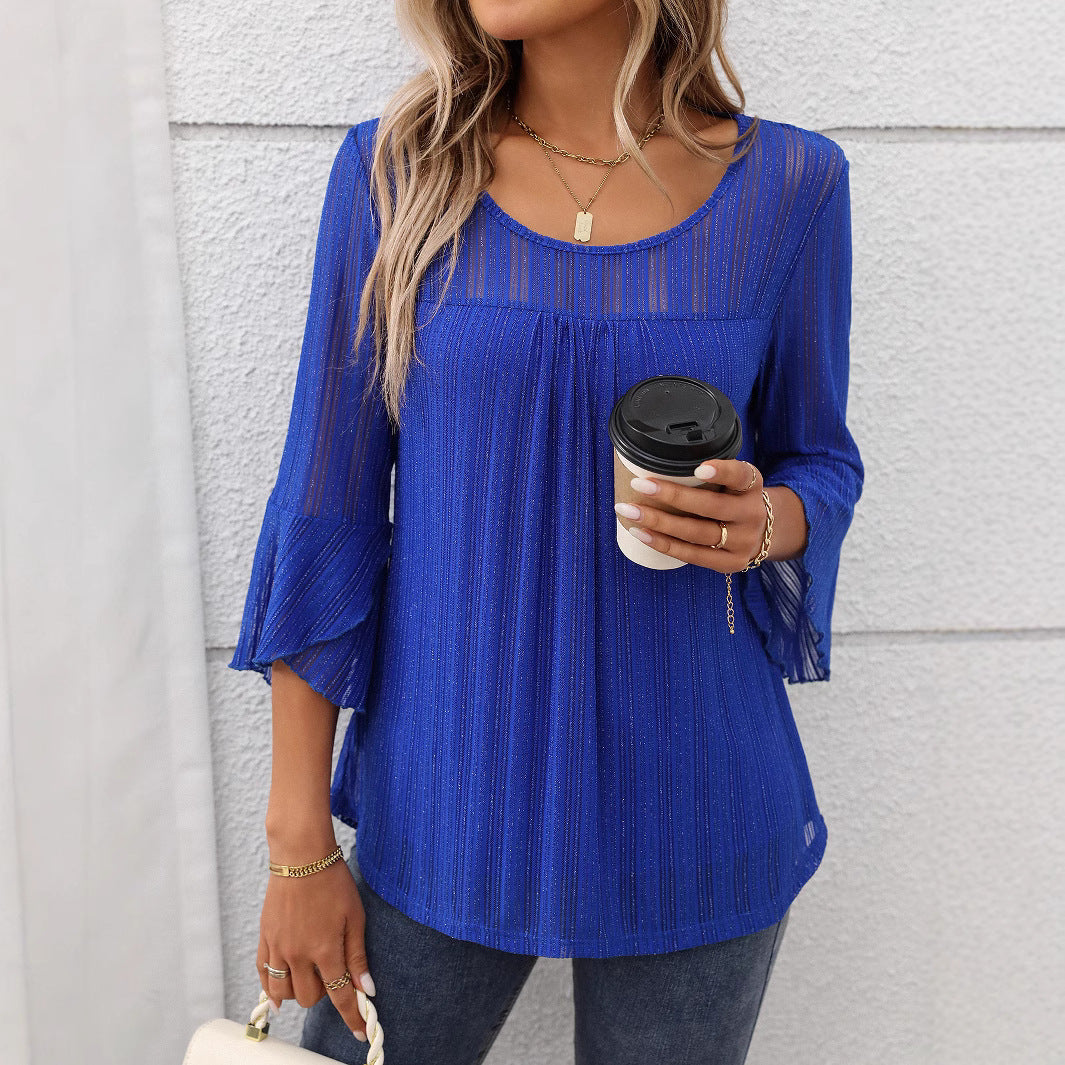 Women Clothing Elegant round Neck Ruffle Sleeve Shiny Mesh Top