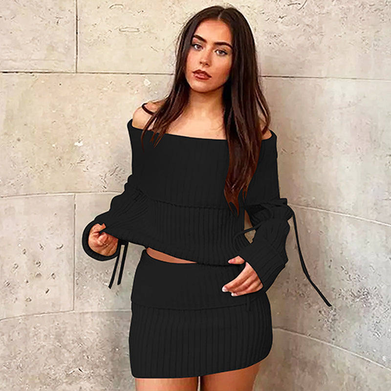 Women Spring off Shoulder Long Sleeve T shirt Hip Skirt Set Black