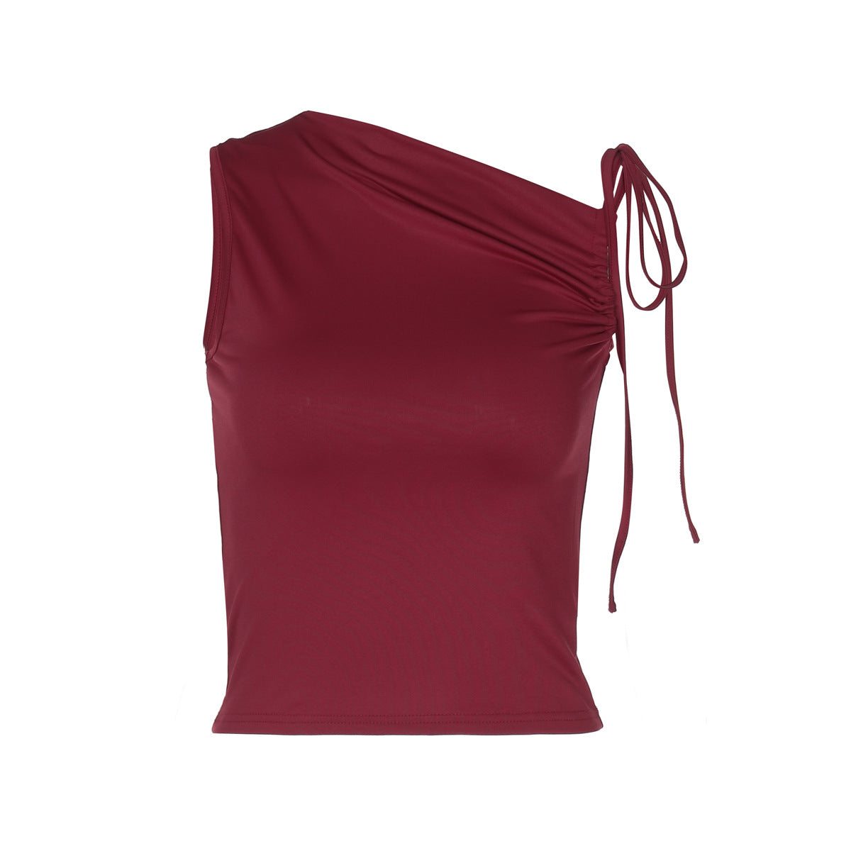 Women Clothing Winter Personality Diagonal Collar Drawstring Lace Sleeveless Pleated Cropped Top