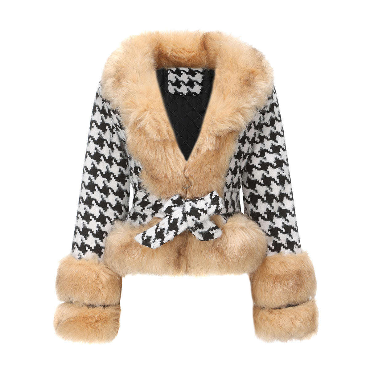 Women Autumn Winter Plaid Coat Detachable Short Fur Collar Tops Houndstooth Gold