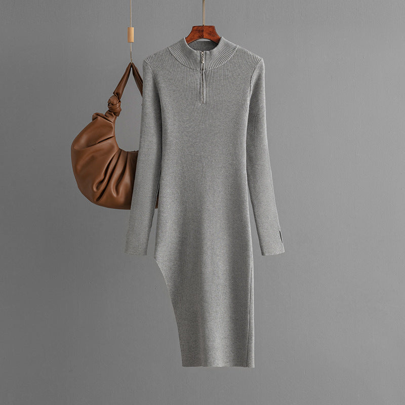 Zipper Knitted Dress Women Autumn Winter Half High Collar Long Sleeves Bottoming Hip Solid Color Dress One Size Gray