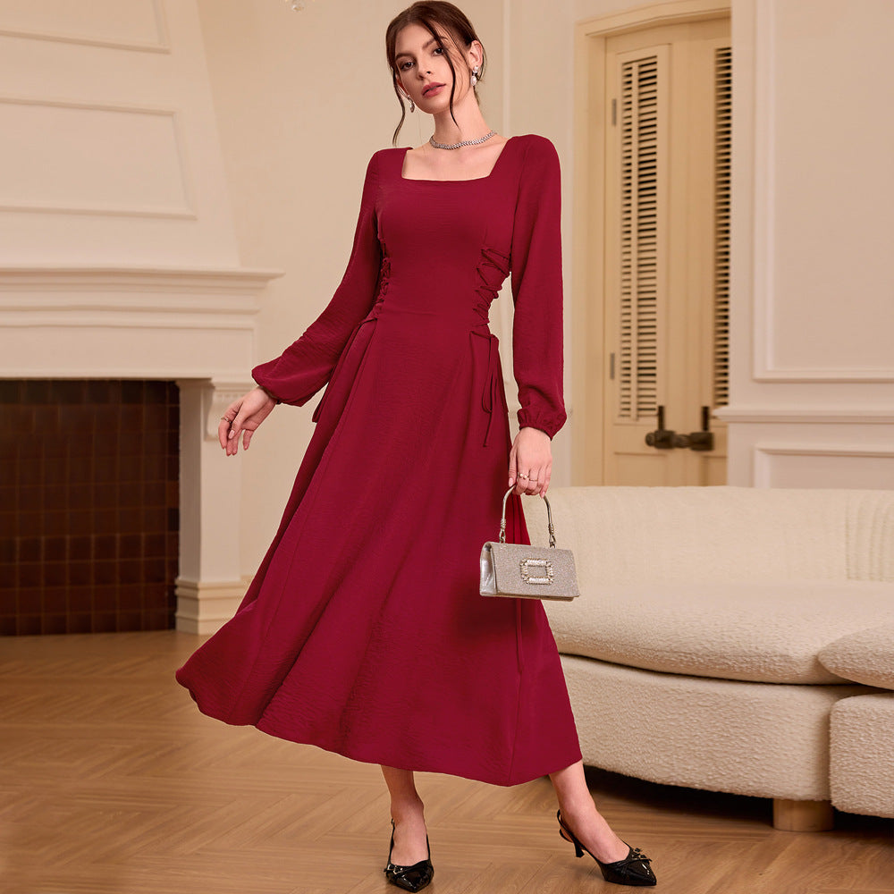 Women Clothing Square Collar Wine Red Dress Autumn Winter Retro Elegant Slim Fit Maxi Dress