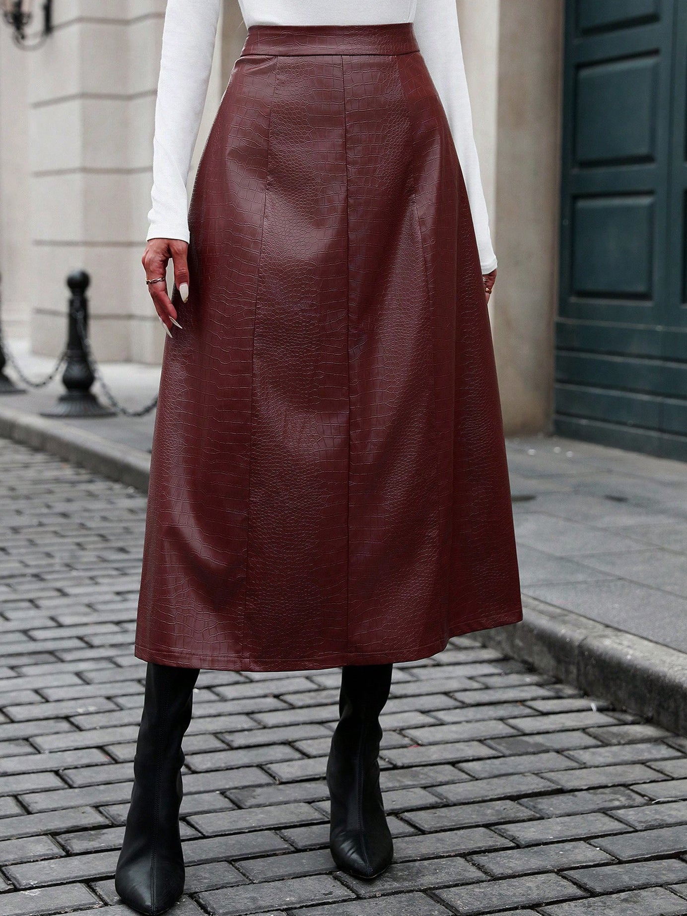 Women Clothing Autumn Winter A line Large Hem Faux Leather Skirt Mid Length Skirt Burgundy