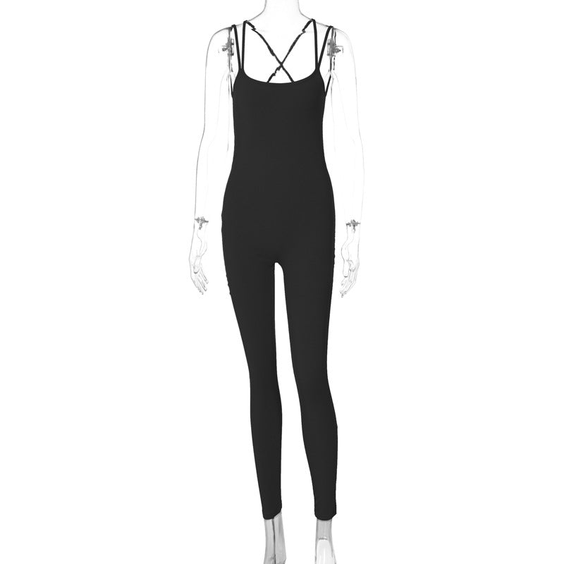 Winter Women Clothing Solid Color Rib Sexy Backless Slim Fit Sports Jumpsuit Black