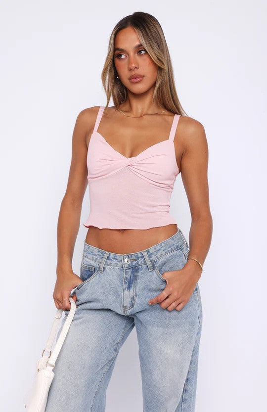 Women Wave Hem Clothes Camisole Beauty Back Sexy Twist T shirt Top Pink