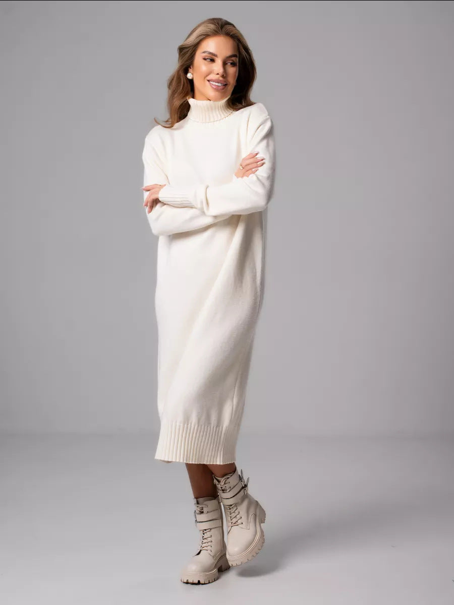 Women Clothing Turtleneck Knitting Dress Autumn Winter Loose Inner Wear Solid Color Slimming Woolen White