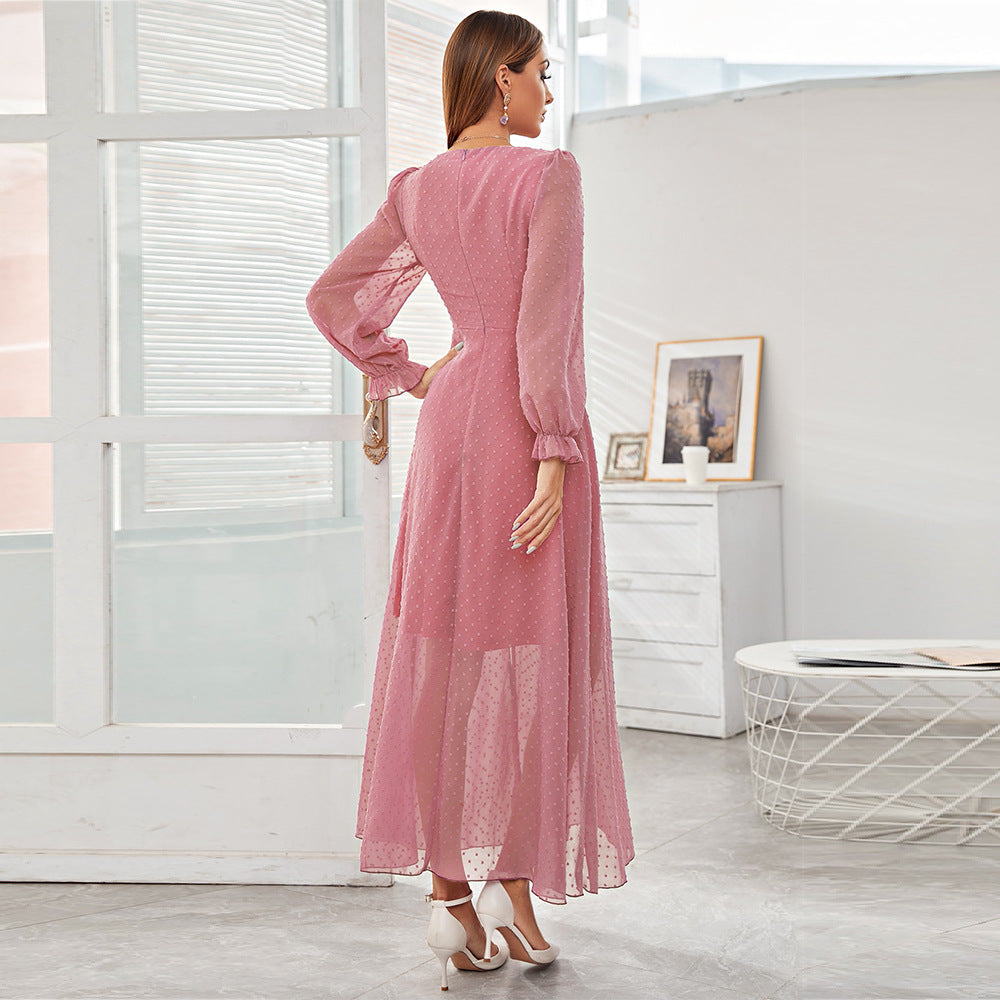 Women Clothing Dress Autumn Winter Arrival Pink Voile Long Dress High Waist Slim Fit