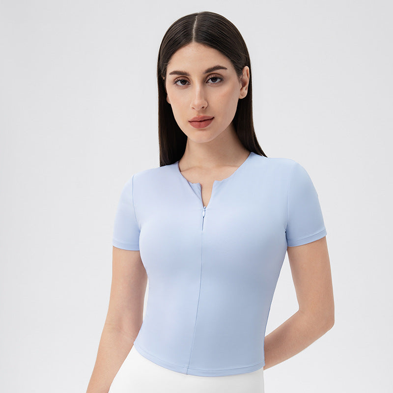 Women Yoga Clothes Short Sleeve Front Zipper Skinny Slimming with Chest Pad Workout Top Nude Feel High Elastic Exercise Running T shirt light blue