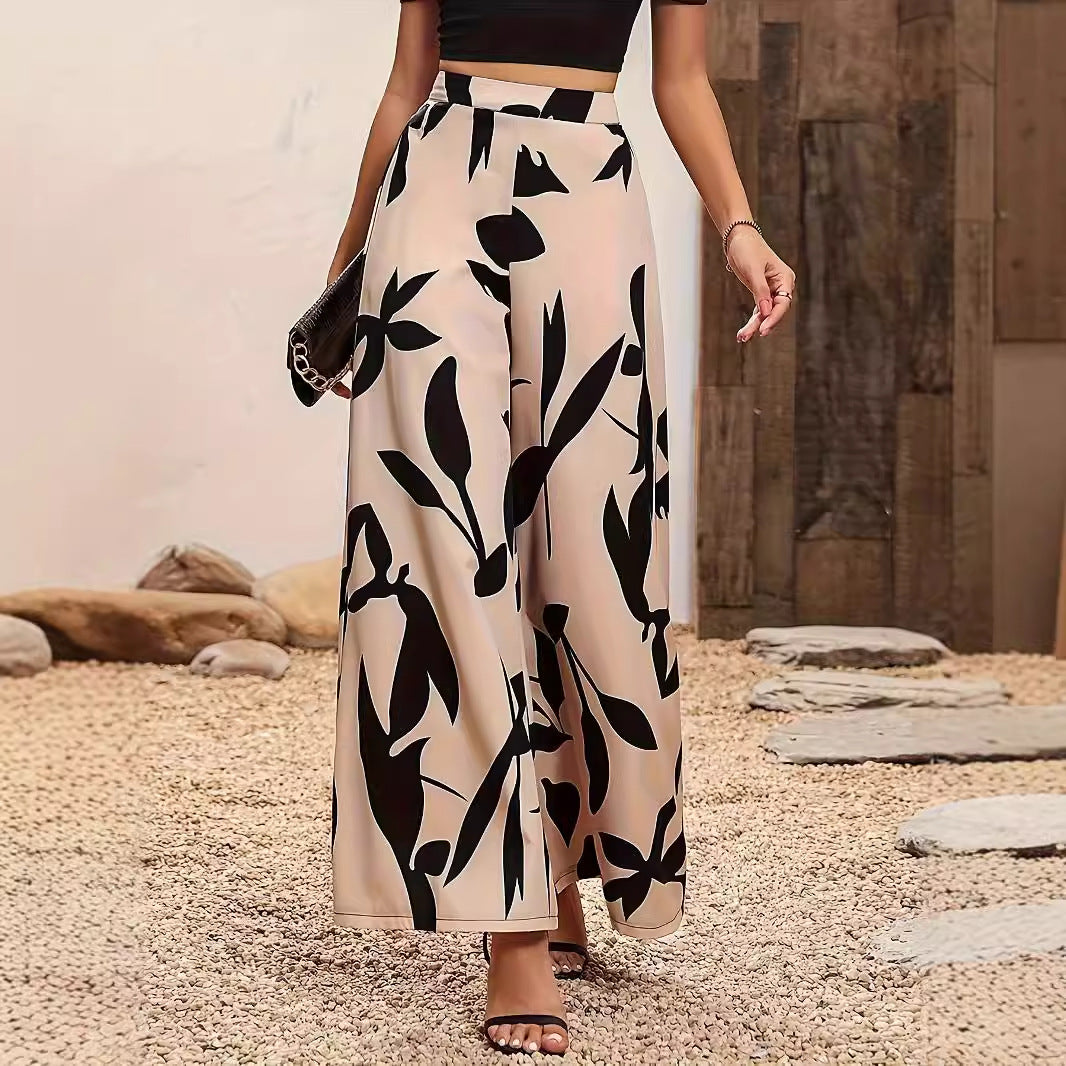 Women Clothing Spring Autumn Pants Leaf Printing High Waist Drooping Wide Leg Casual Pants