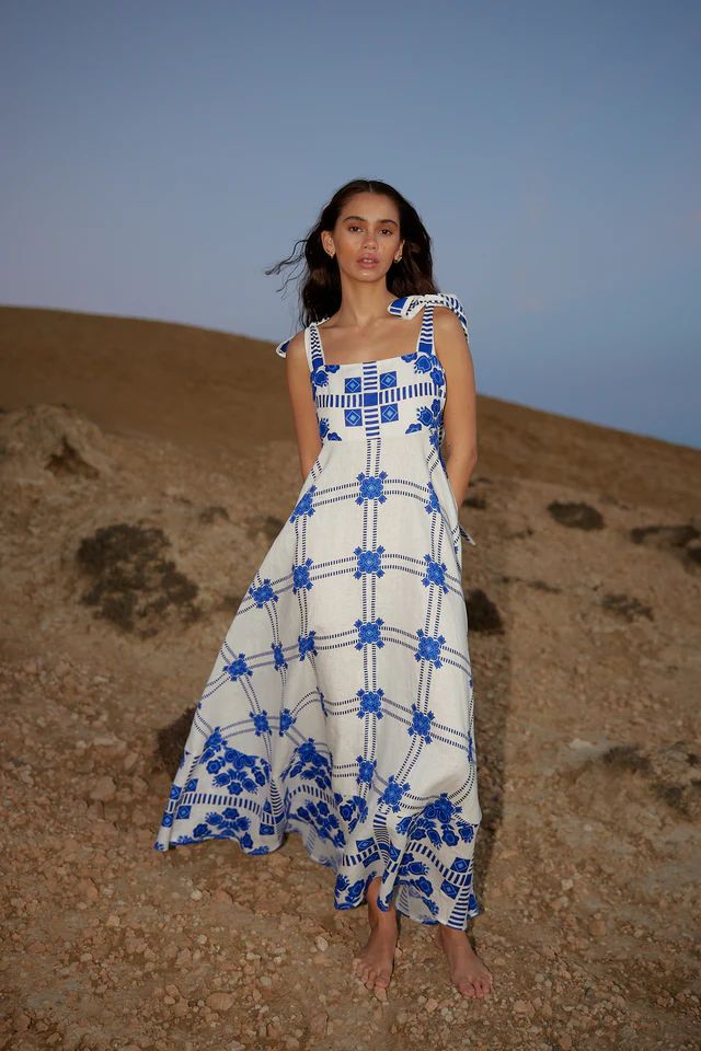 Summer Vacation Halter Spaghetti Straps Maxi Dress Sleeveless Printed Dress Blue