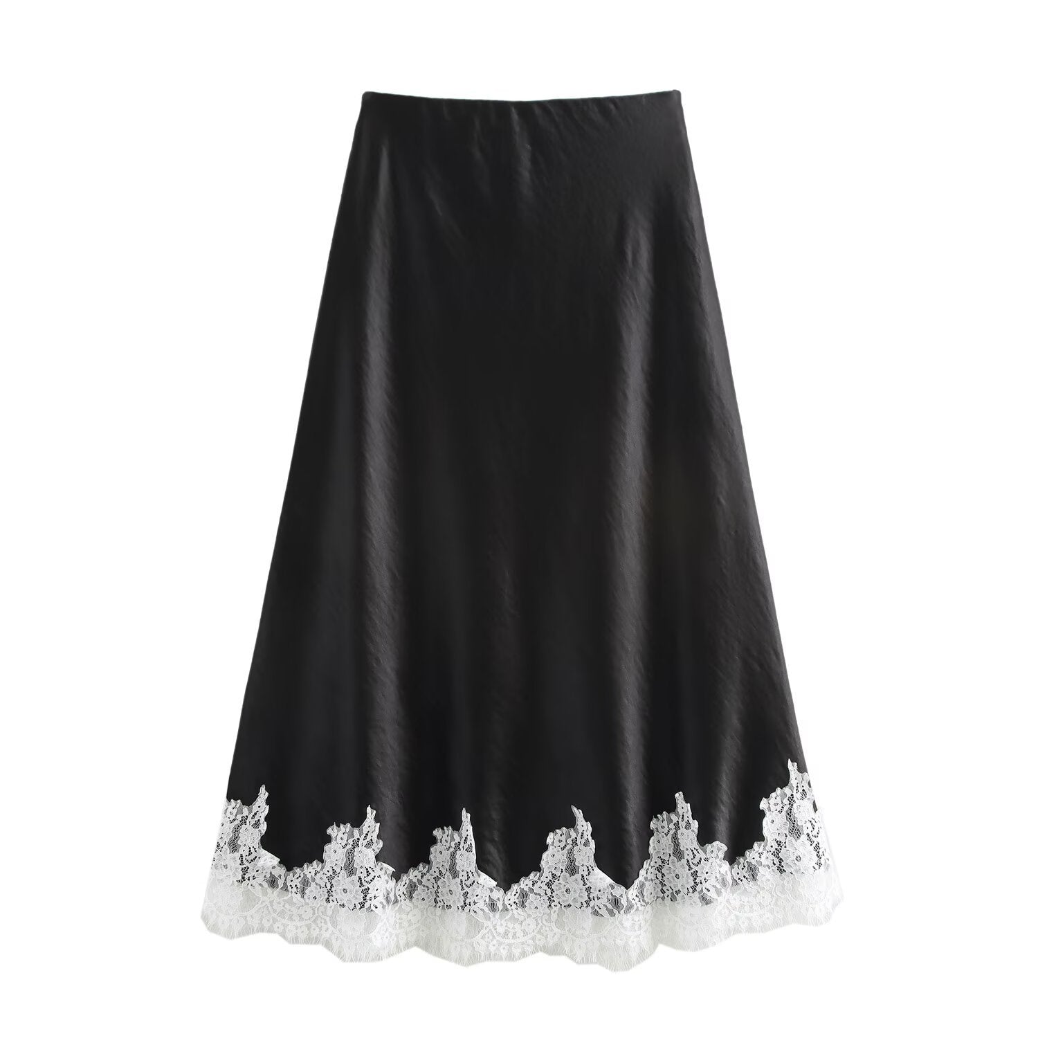 Women Clothing Manufacturers 5 Color Lace Stitching Satin Fabric Midi Skirt Black White