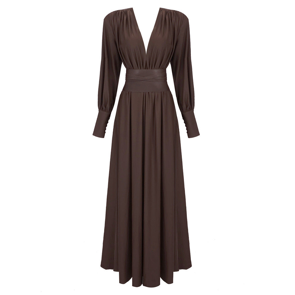 Spring Summer Chocolate Design Waist Seal Pleated Dress Brown Women Dress Coffee