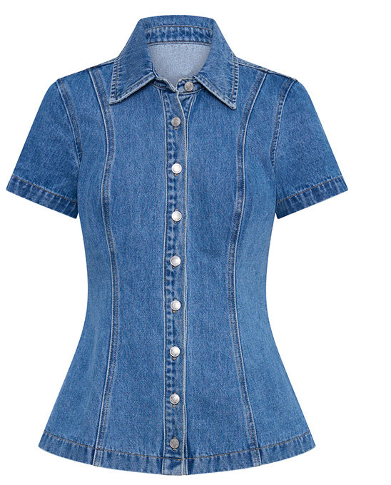 Women Denim Short Sleeve Button High Waist Skirt Sets Blue Top