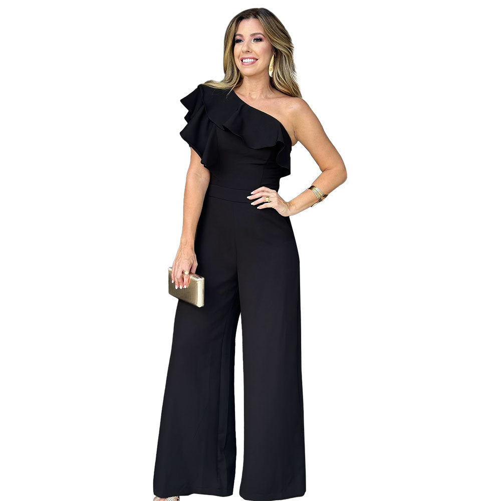 Wooden Ear Shoulder High Waist Loose Straight Women Jumpsuit Black