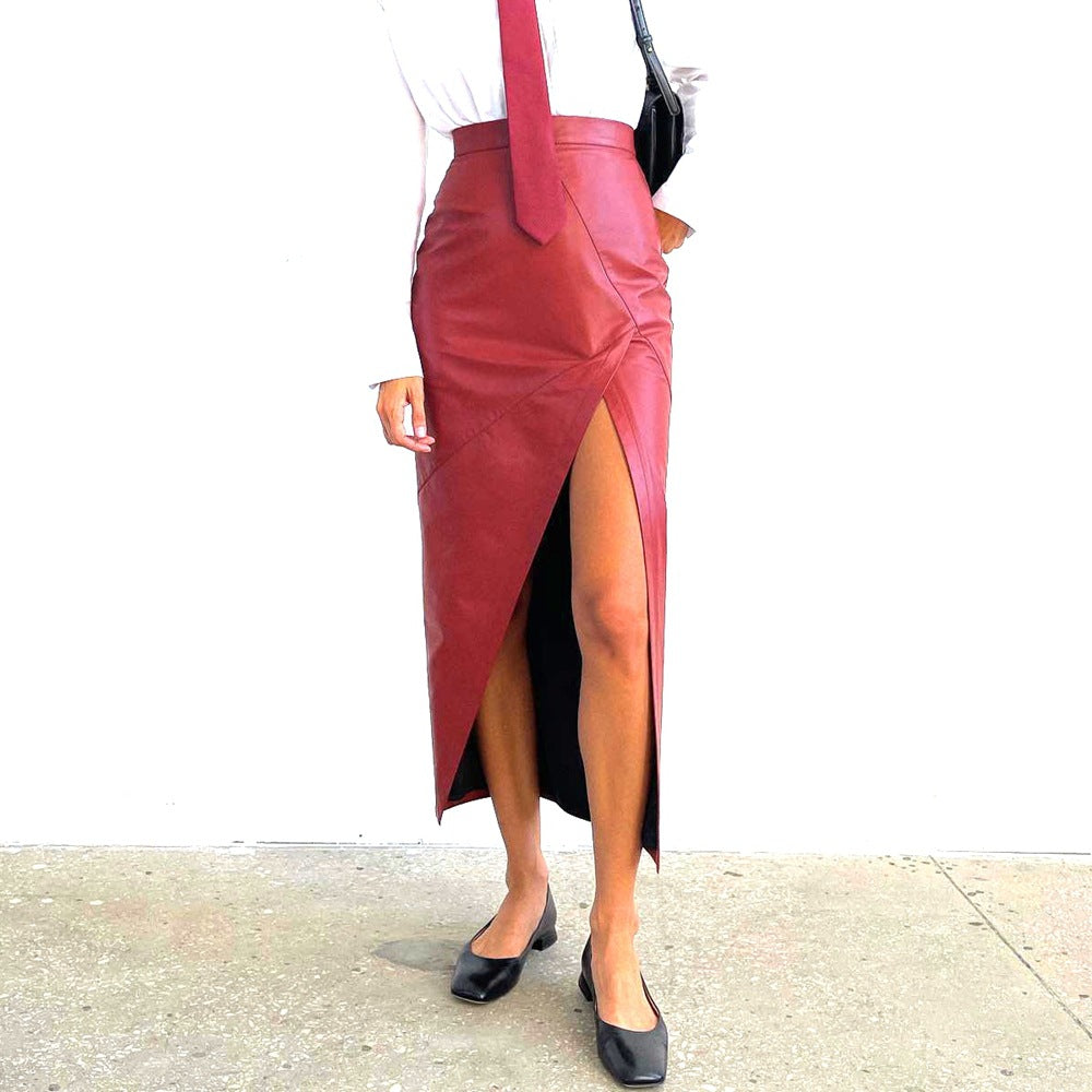 Women Clothing Autumn High Waist Slim Fit Slit Skirt Irregular Asymmetric Leather Skirt