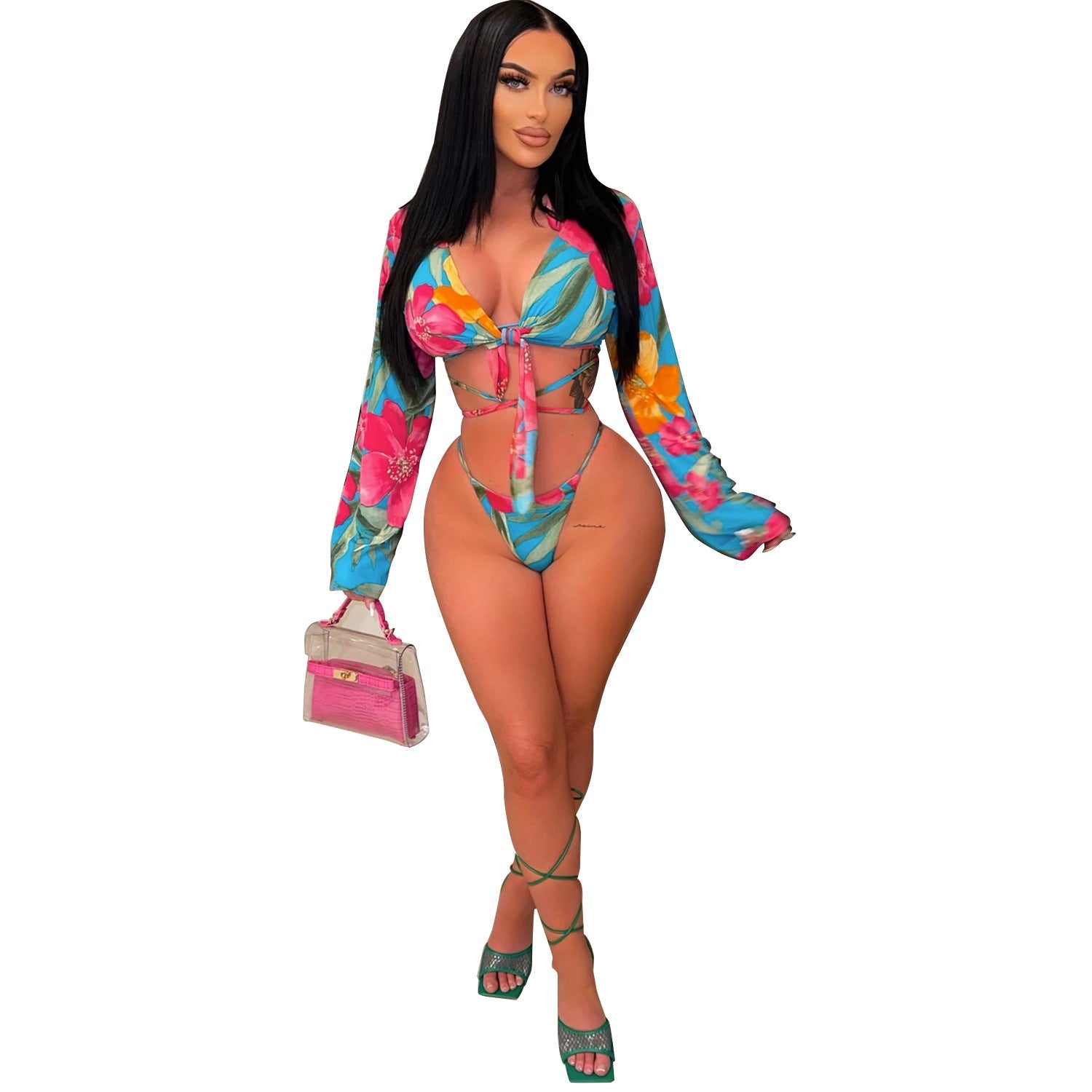 Summer Women Clothing Sexy Print Lace up Bikini Three Piece Swimwear Multi